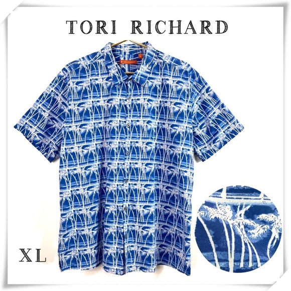 TORI Richard Tropical Palm Tree Short Sleeve Button Down Shirt in Blue Size XL - Picture 1 of 7